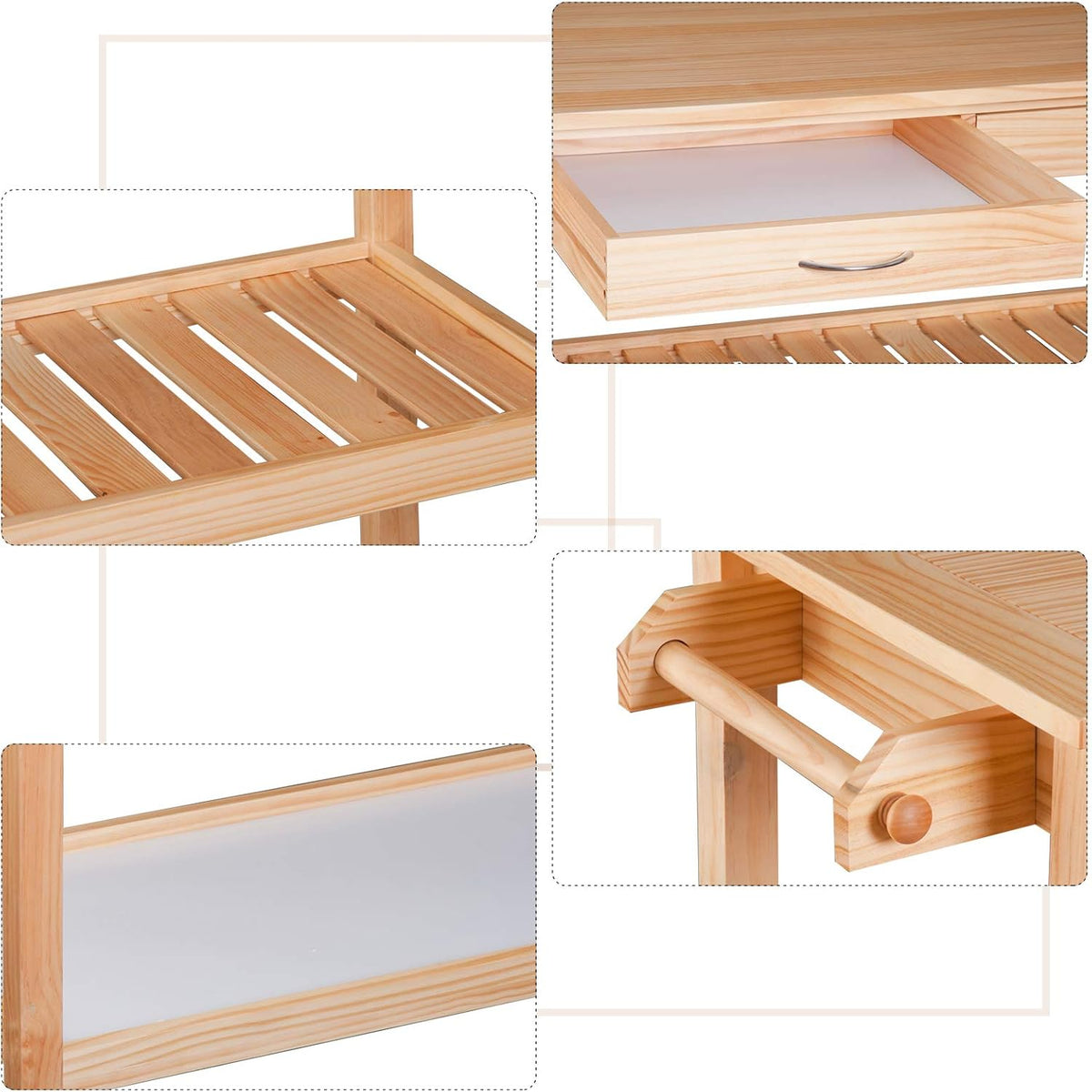 42 Kitchen Trolley Cart with 2 Drawers and 3-Tier Shelf Pine Wood P325269