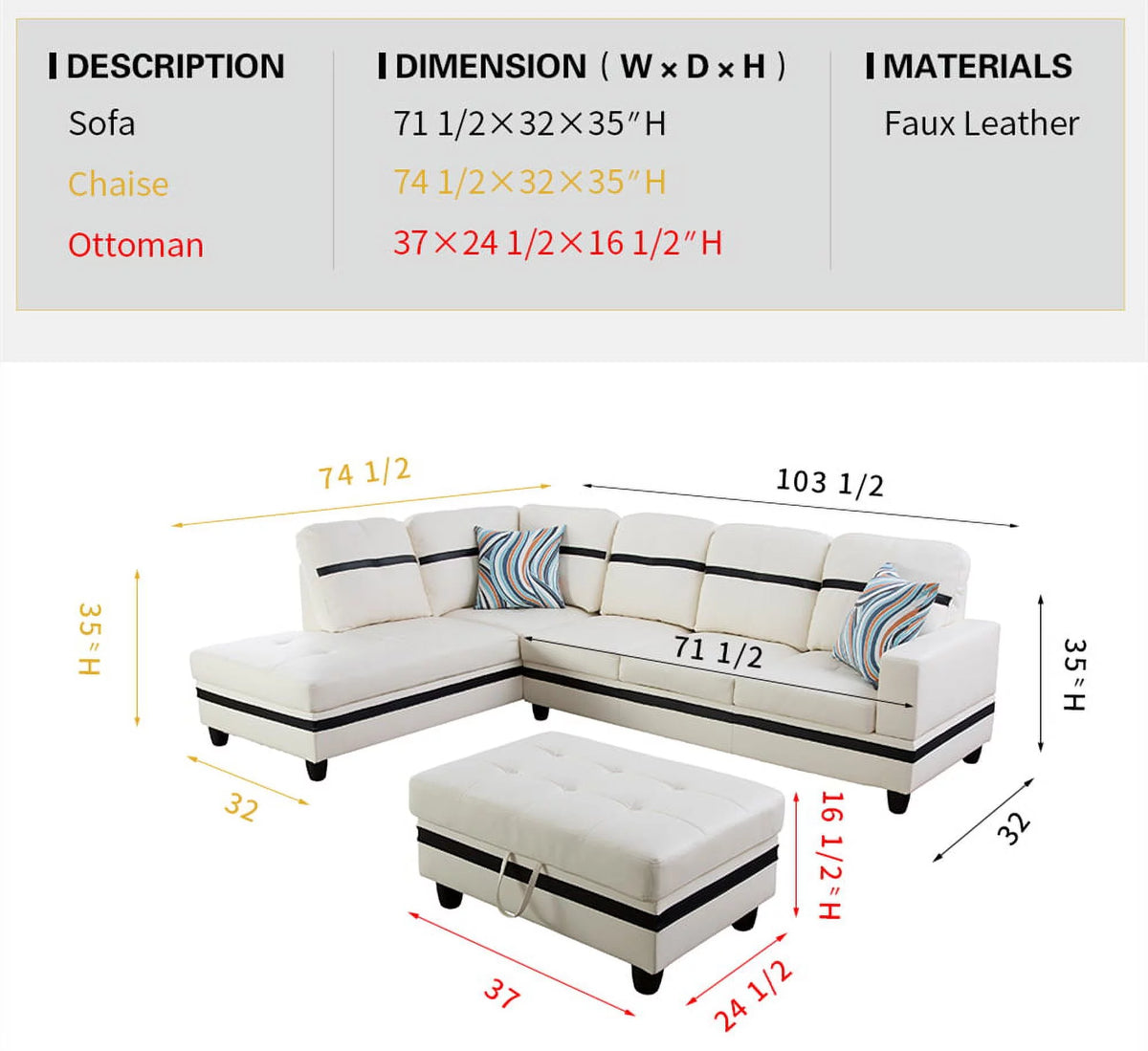 White Faux Leather Left Hand Facing Sofa & Chaise with Ottoman G64129