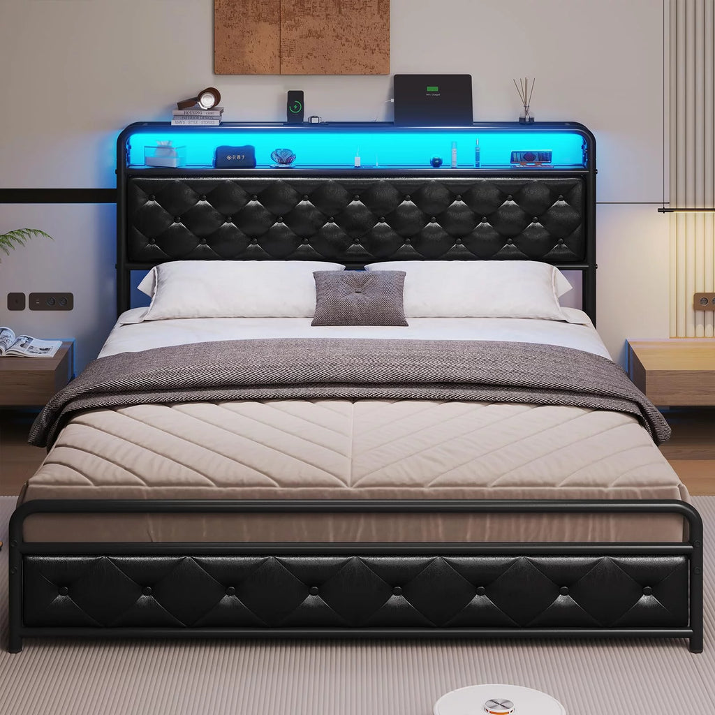 King Size Upholstered Platform Bed Frame with LED Lights and USB Charging Station D35297