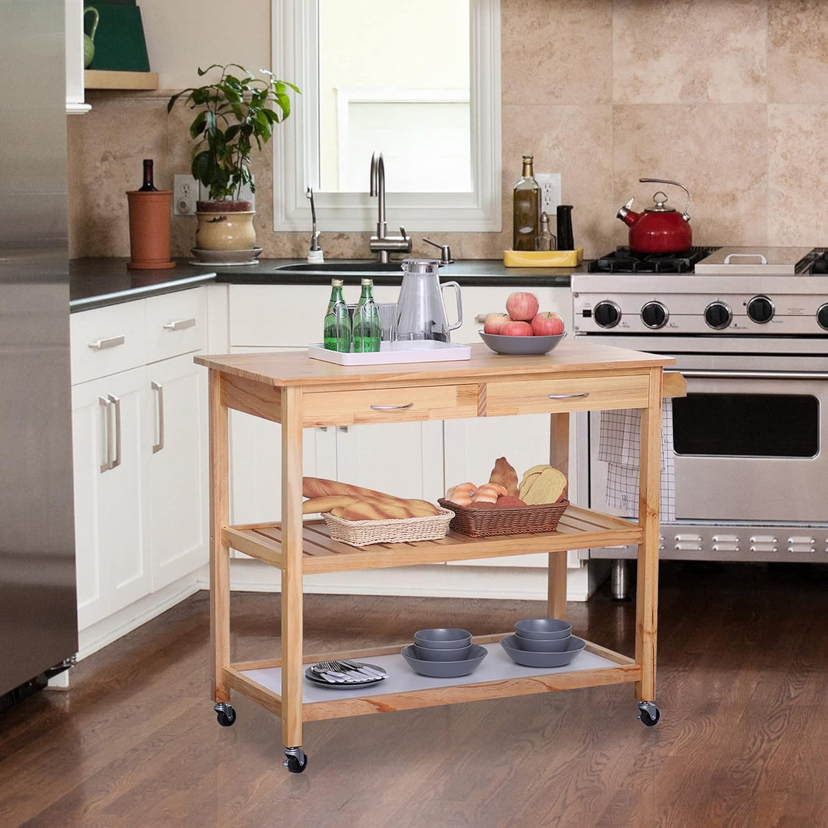 42 Kitchen Trolley Cart with 2 Drawers and 3-Tier Shelf Pine Wood P325269