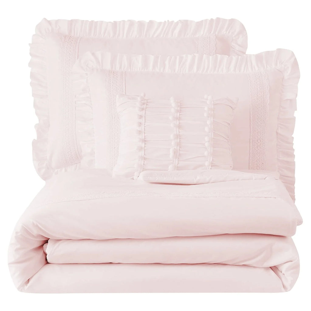 Pink Crochet Stripe 4-Piece Microfiber Comforter Set A2287