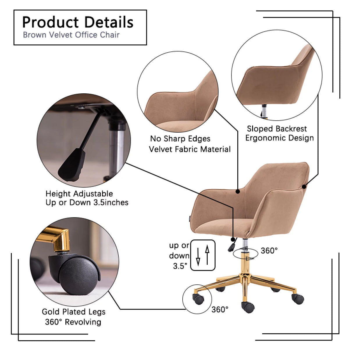 Velvet Adjustable Height Office Chair with Metal Legs and Wheels W864112