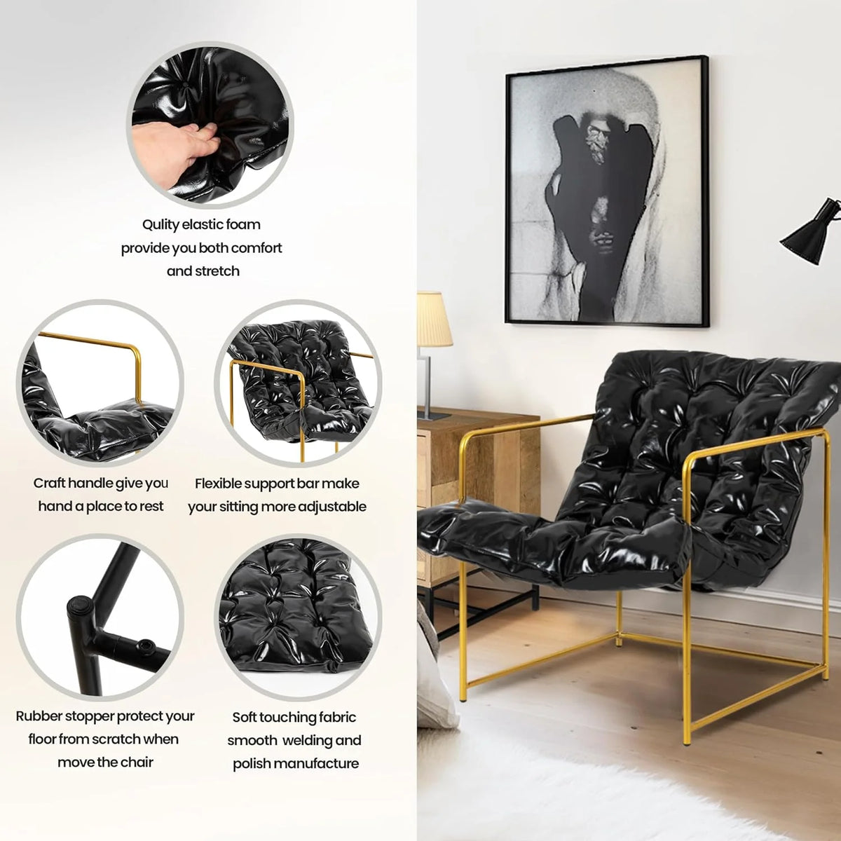 Black Faux Leather Accent Chair with Gold Metal Frame, Set of 2 E468795