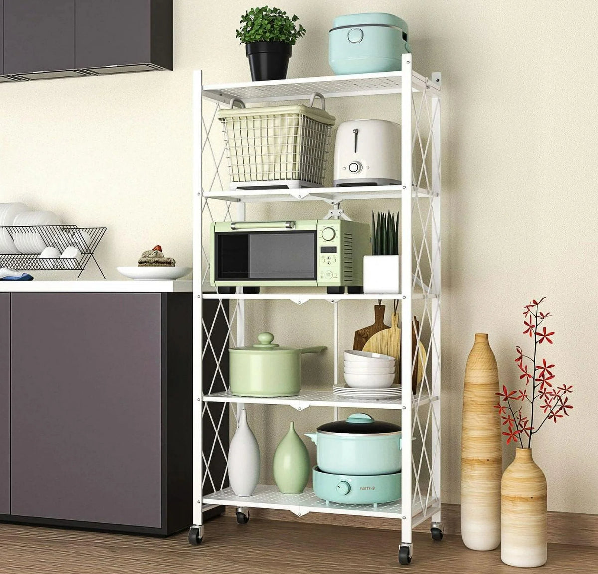 5-Tier Foldable Metal Storage Shelves with Wheels X13360