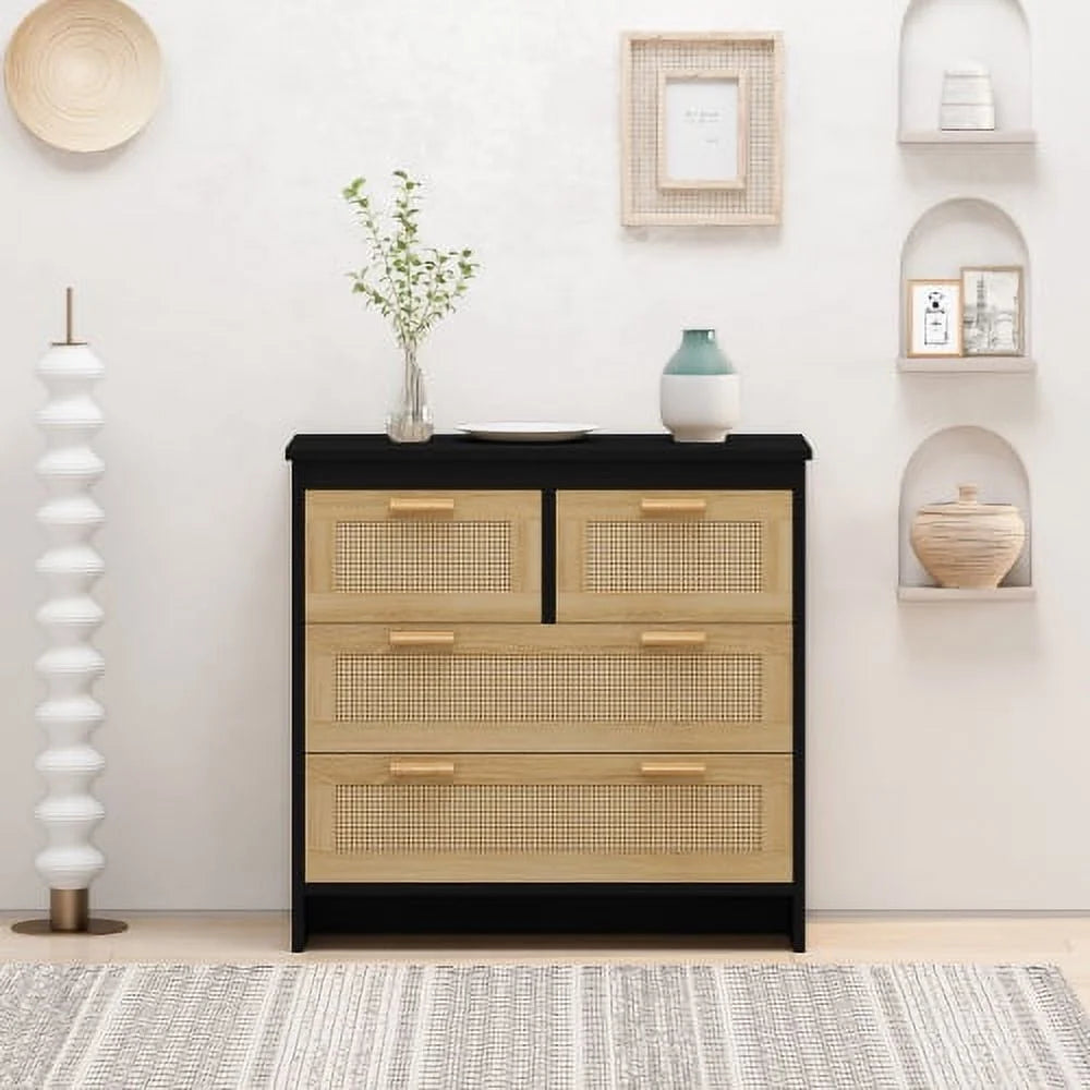 Black 4 Drawers Rattan Cabinet R9237