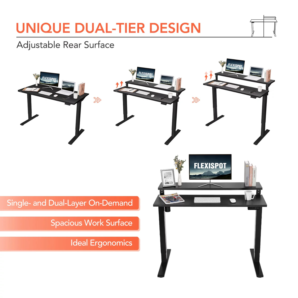 48"x24" Black 2-Tier Height Adjustable Standing Desk V40555