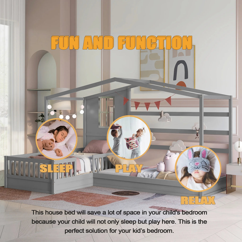 Wood L-Shape Twin Bed Frame with Roof and Fence Railings N73889