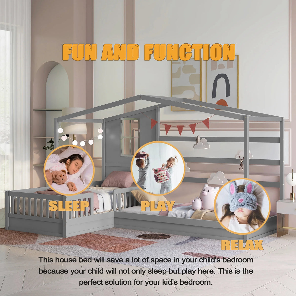 Wood L-Shape Twin Bed Frame with Roof and Fence Railings N73889