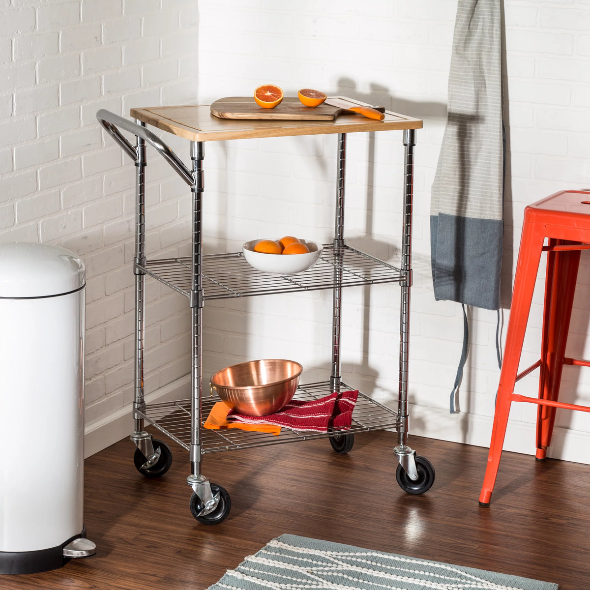 Steel and Wood 2-Tier Rolling Kitchen Storage Cart with Cutting Board Top T35380