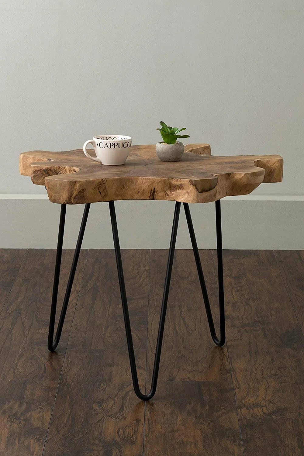 Handcrafted Natural Live-Edge Teak Top Table with Hairpin Legs N87446