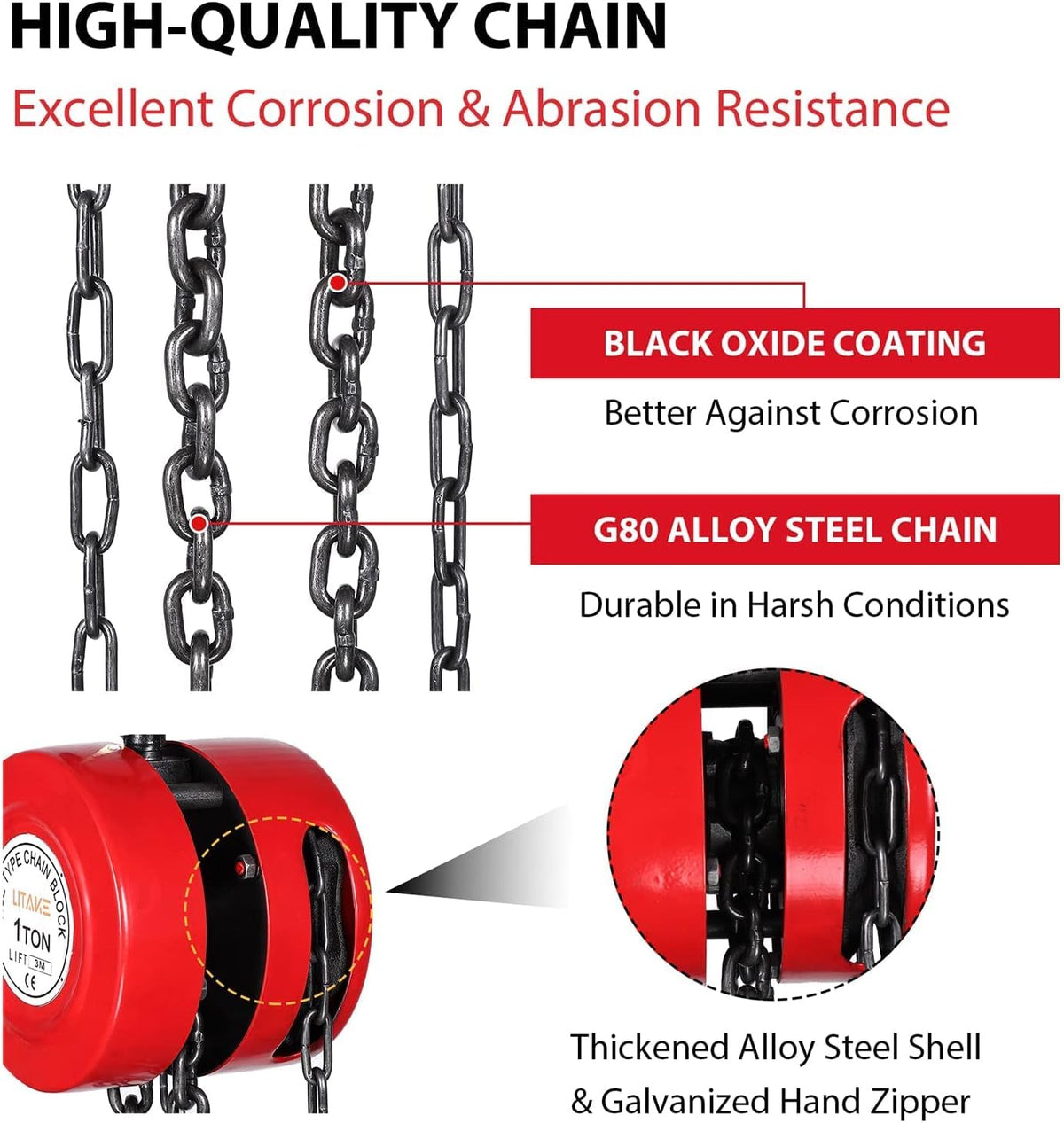 1 Ton 10 Feet Manual Hand Chain Hoist with 2 Hooks, Red Pack of 2 U567