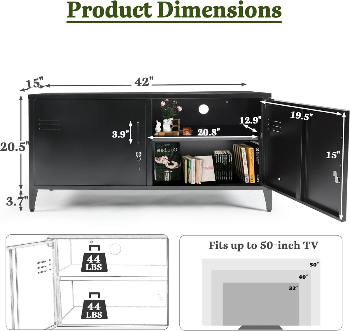 Black 2 Door Metal Storage Cabinet with 2 Shelves L5088