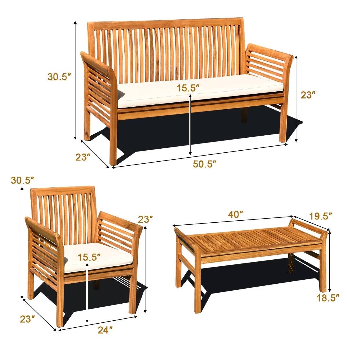 4 PCS Acacia Wood Cushioned Sofa Set F619