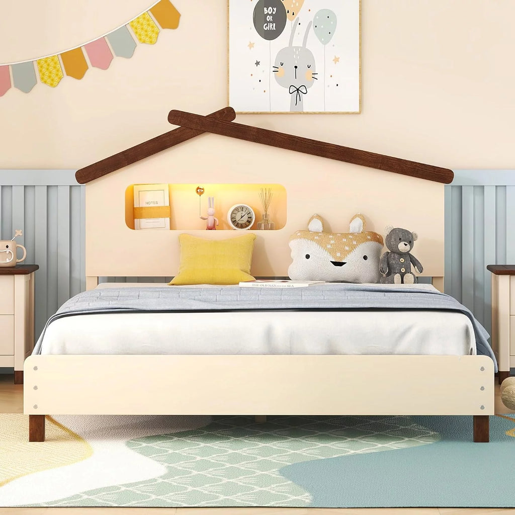 Full Size Wood Platform Bed Frame with House-Shaped Headboard and Night Lights L365829
