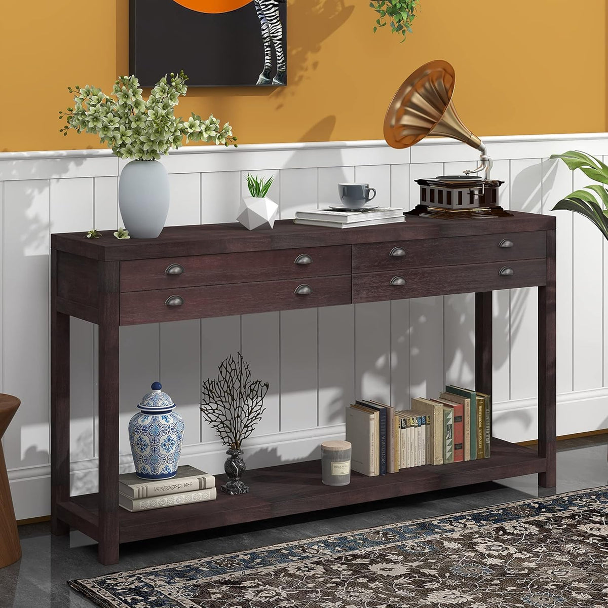 Green Wood Console Table with 2 Drawers W436