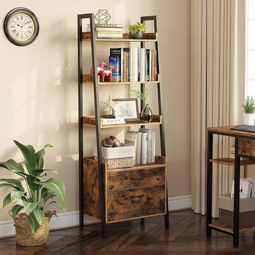 4 Tier Wood Ladder Shelf with 2 Drawers J239
