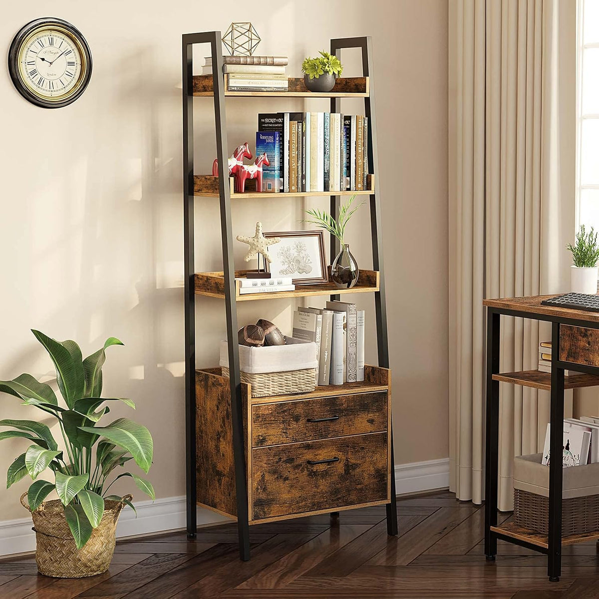 4 Tier Wood Ladder Shelf with 2 Drawers J239