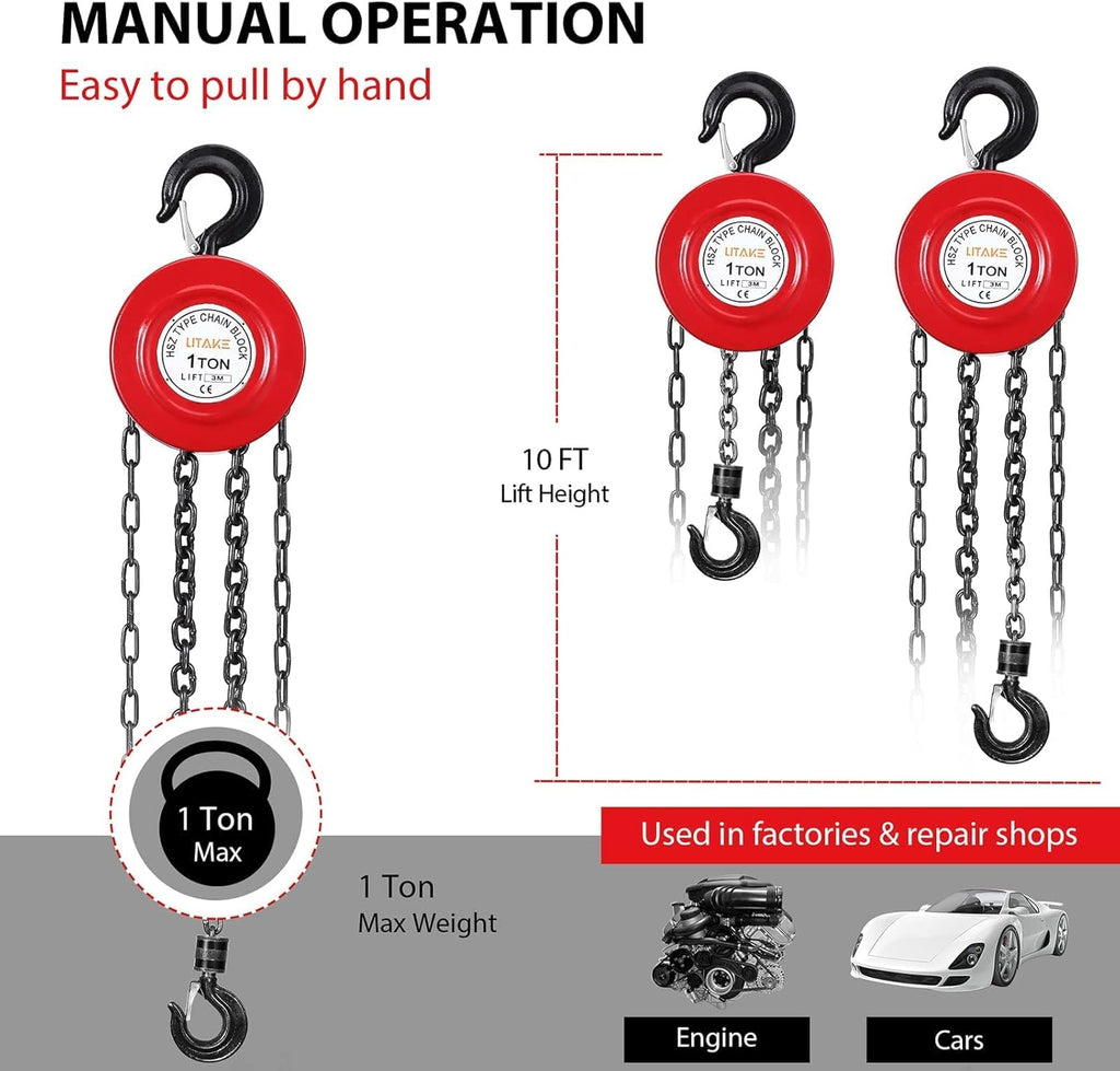 1 Ton 10 Feet Manual Hand Chain Hoist with 2 Hooks, Red Pack of 2 U567