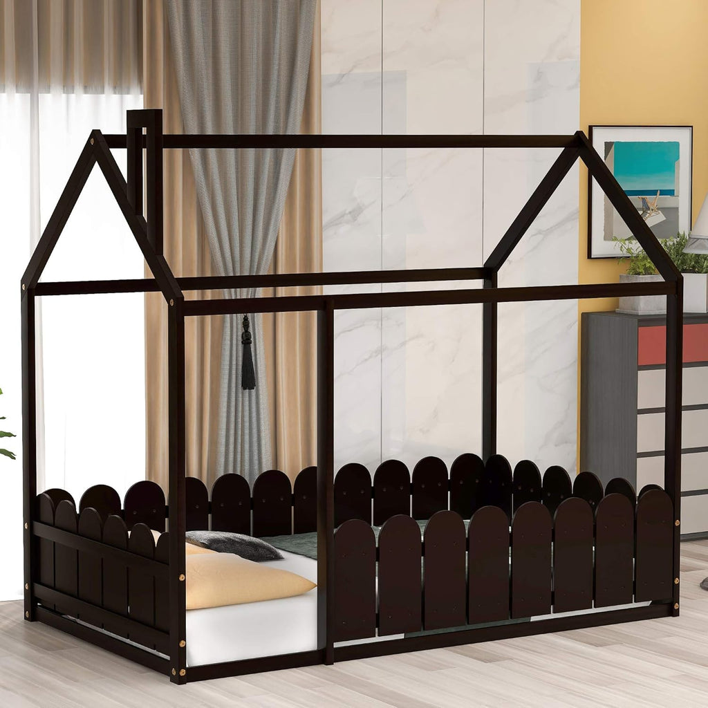Twin Size Wooden House Bed with Trundle and Roof F6368