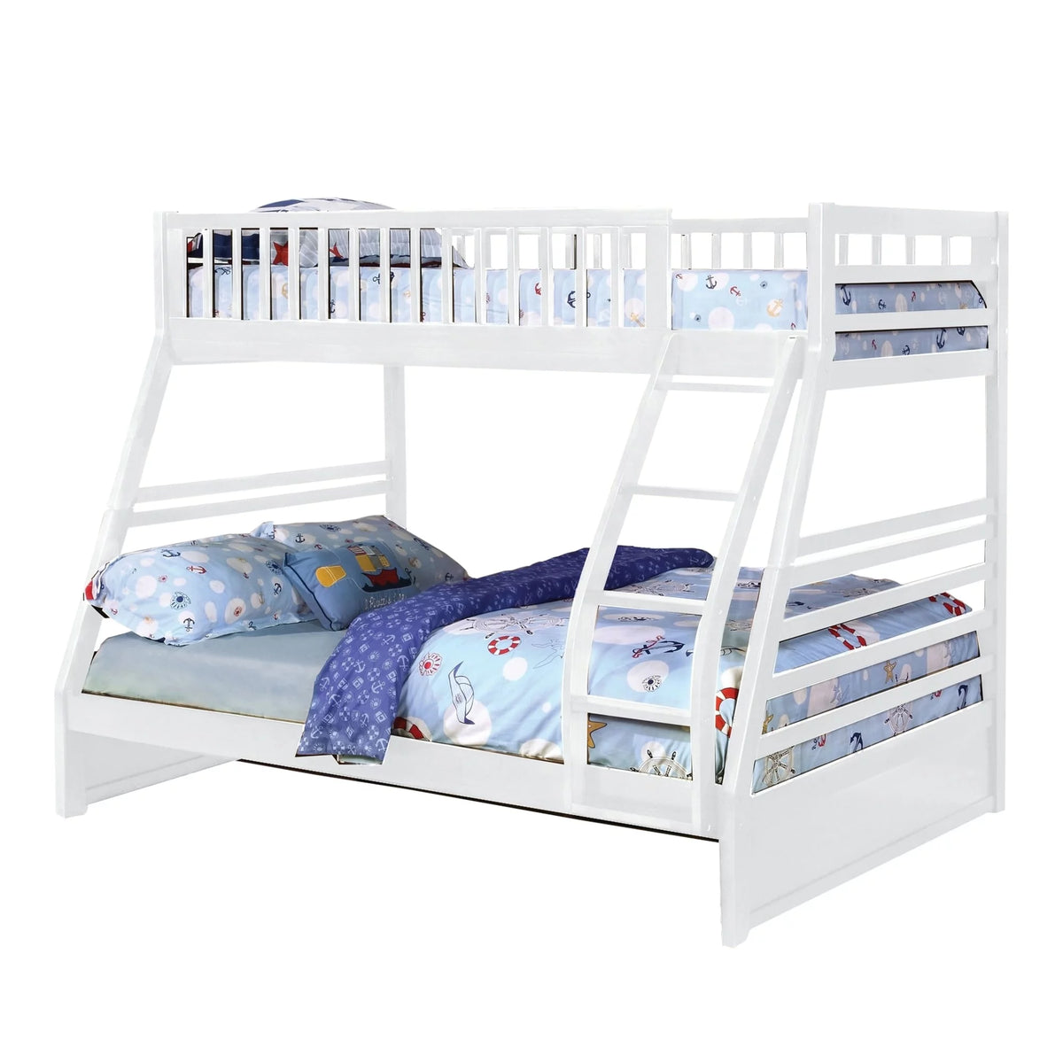 White Wooden Twin Over Full Bunk Bed with Guardrails K970690