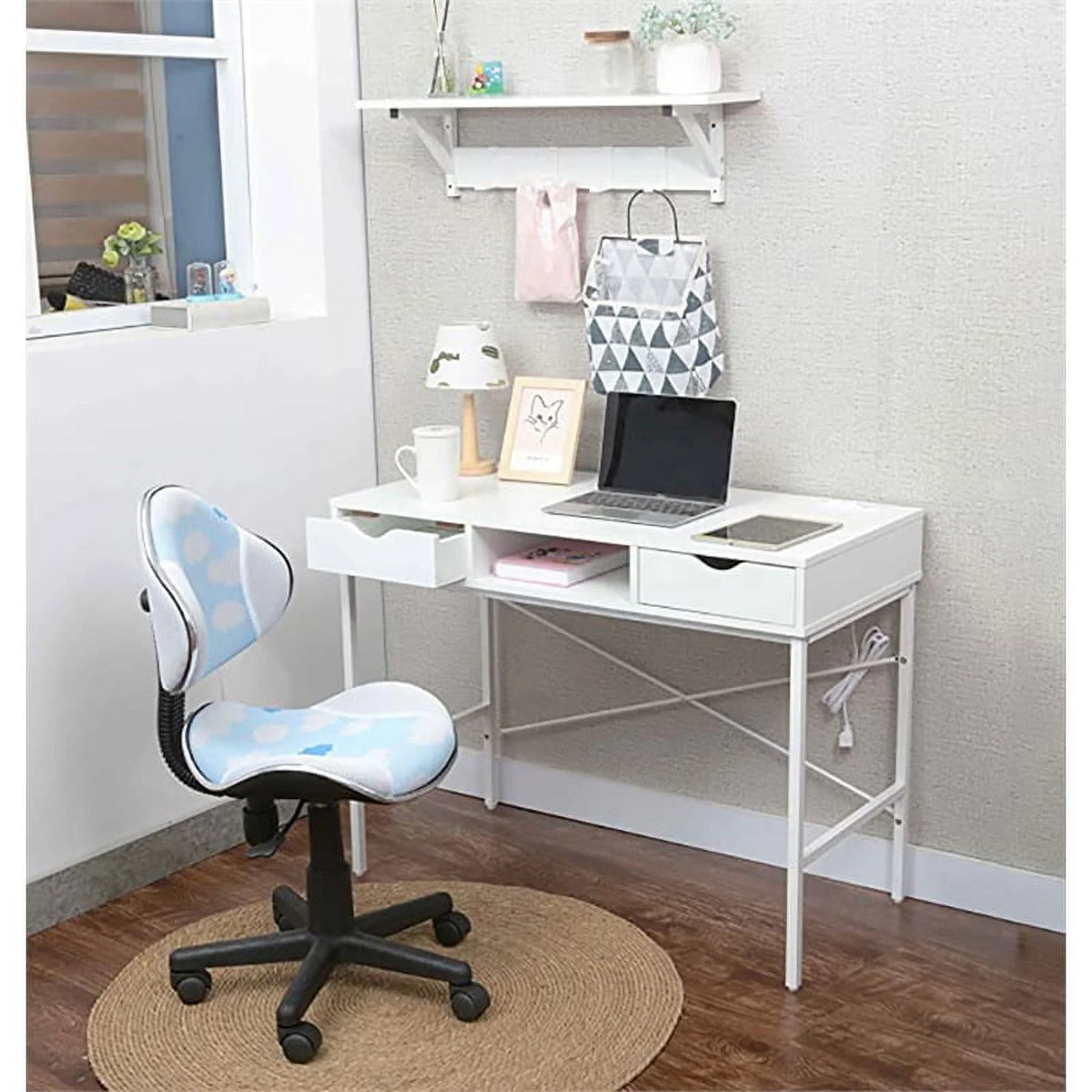 Large White Wood Writing Desk with Drawer H161