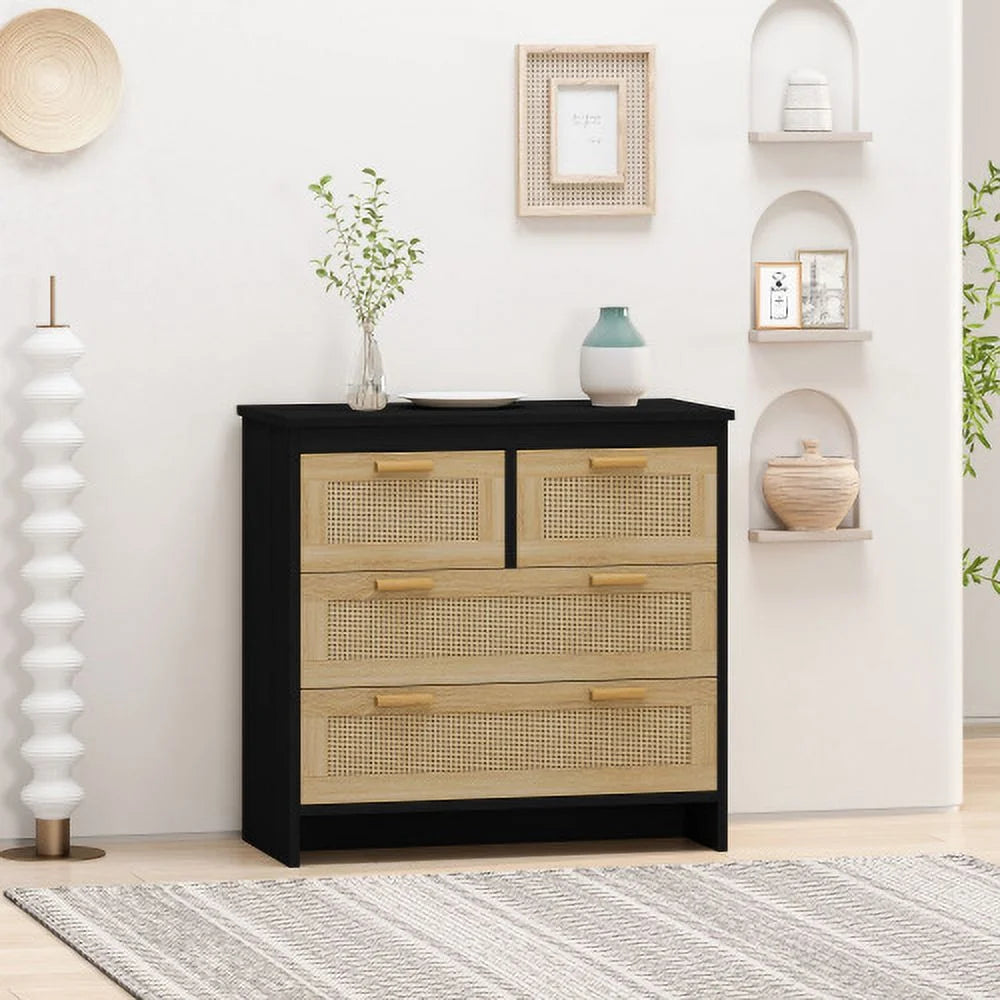 Black 4 Drawers Rattan Cabinet R9237