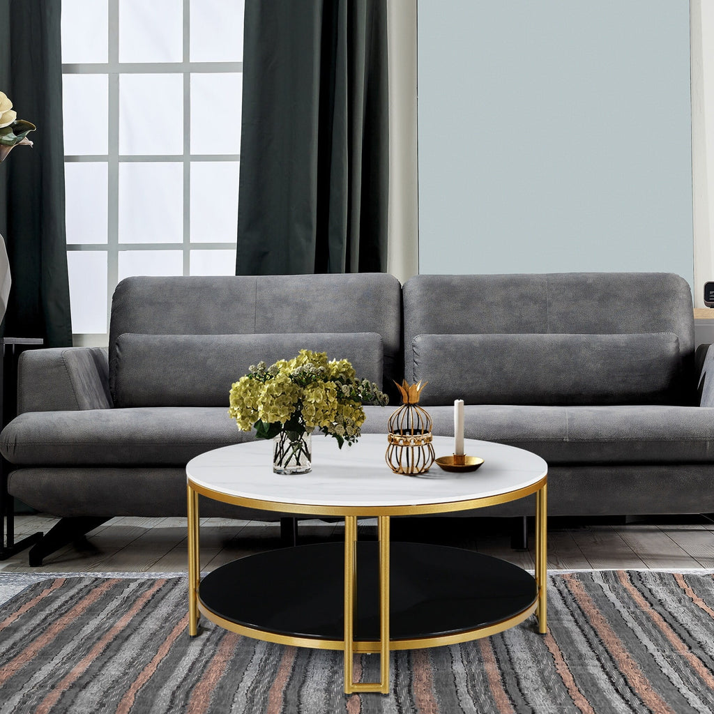 White Marble Gold Round Coffee Table with Storage M421