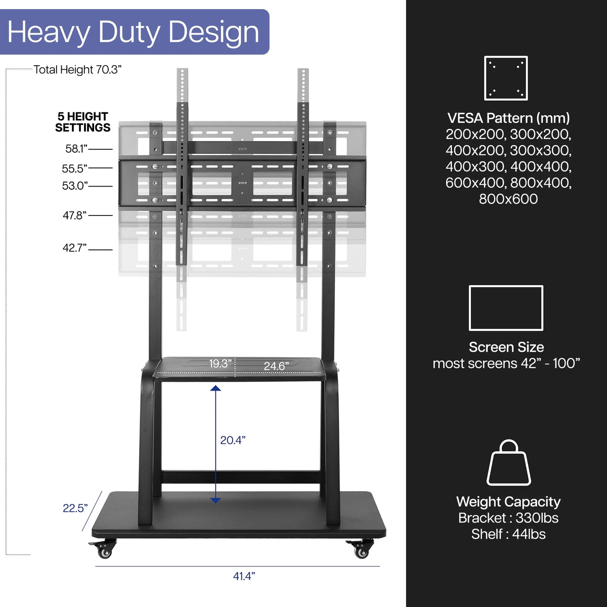 Heavy Duty Steel Mobile TV Cart for 42" to 100" Screens Z603