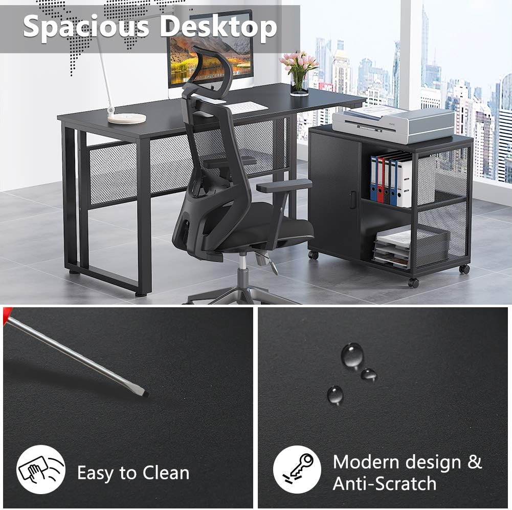 Black 55 inch L-Shaped Computer Desk with File Cabinet A336