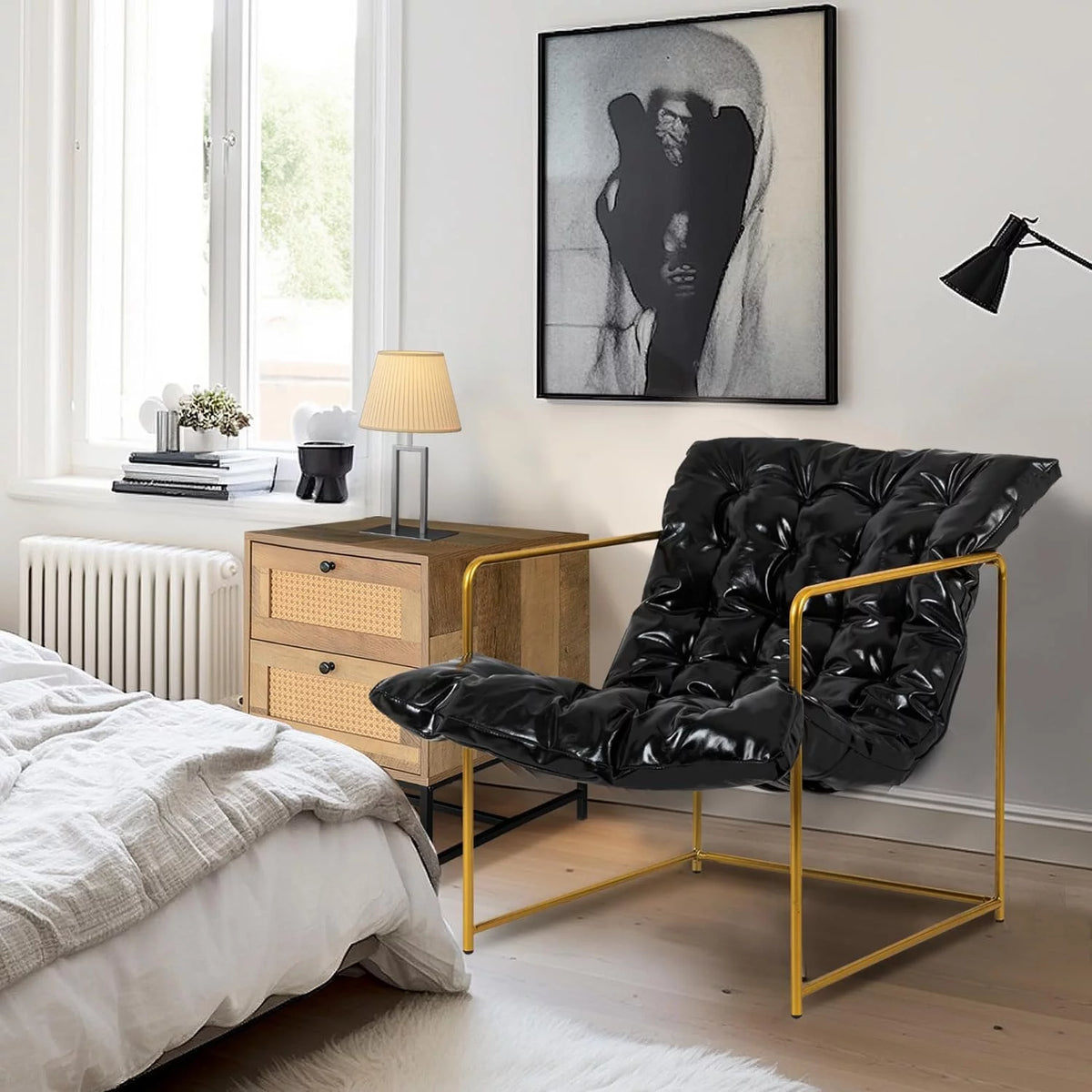 Black Faux Leather Accent Chair with Gold Metal Frame, Set of 2 E468795