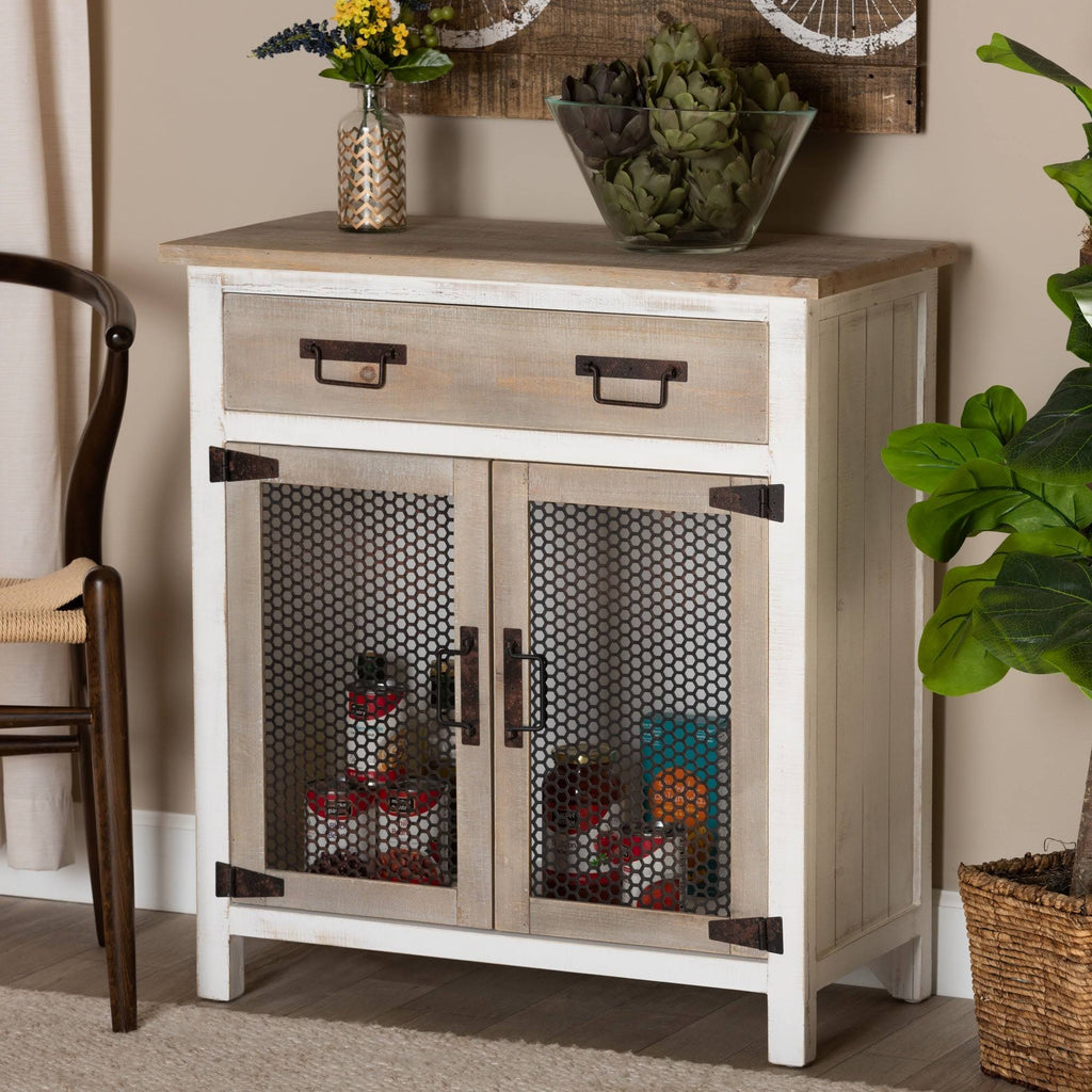 White and Oak Brown Wood 2-Door Storage Cabinet Q579167
