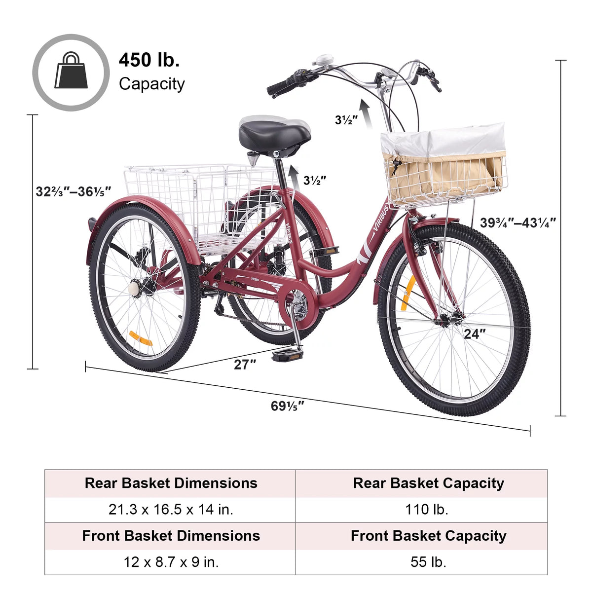 24 Inch 7 Speed Adult Trike with Adjustable Seat and 2 Baskets Matte Gray B1206