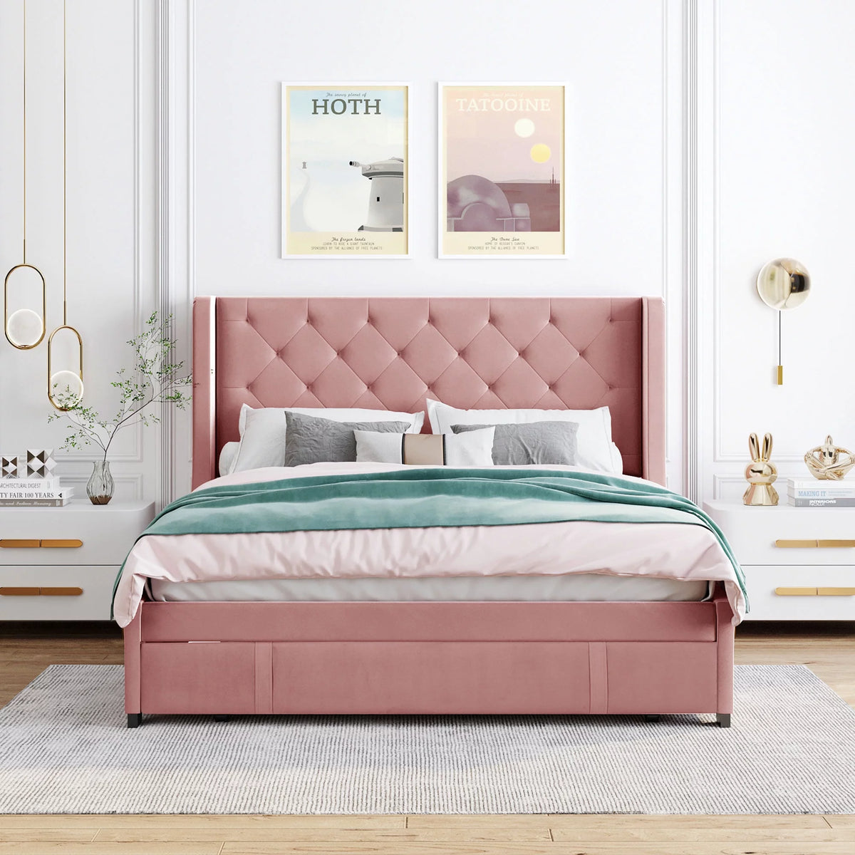 Queen Size Upholstered Platform Bed Frame with Wingback Headboard and Drawer B59532