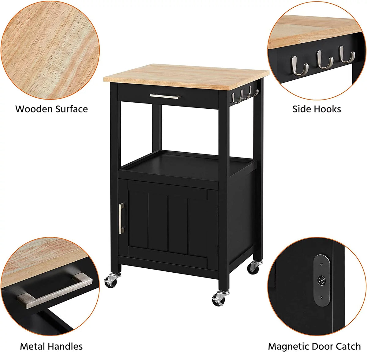 Black Kitchen Island on Wheels with Wood Top and Drawer K546