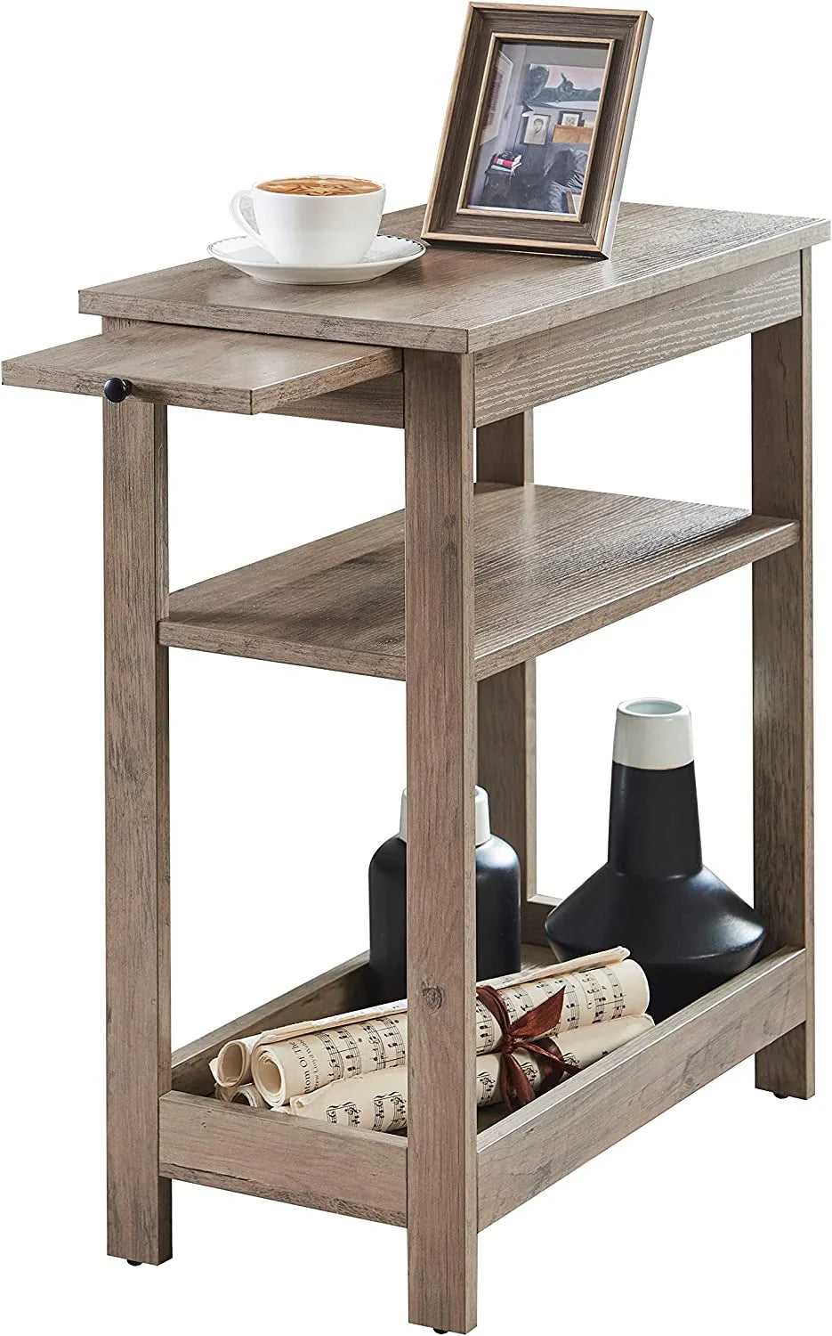 Narrow Side End Table with Storage Shelves, Walnut U39371