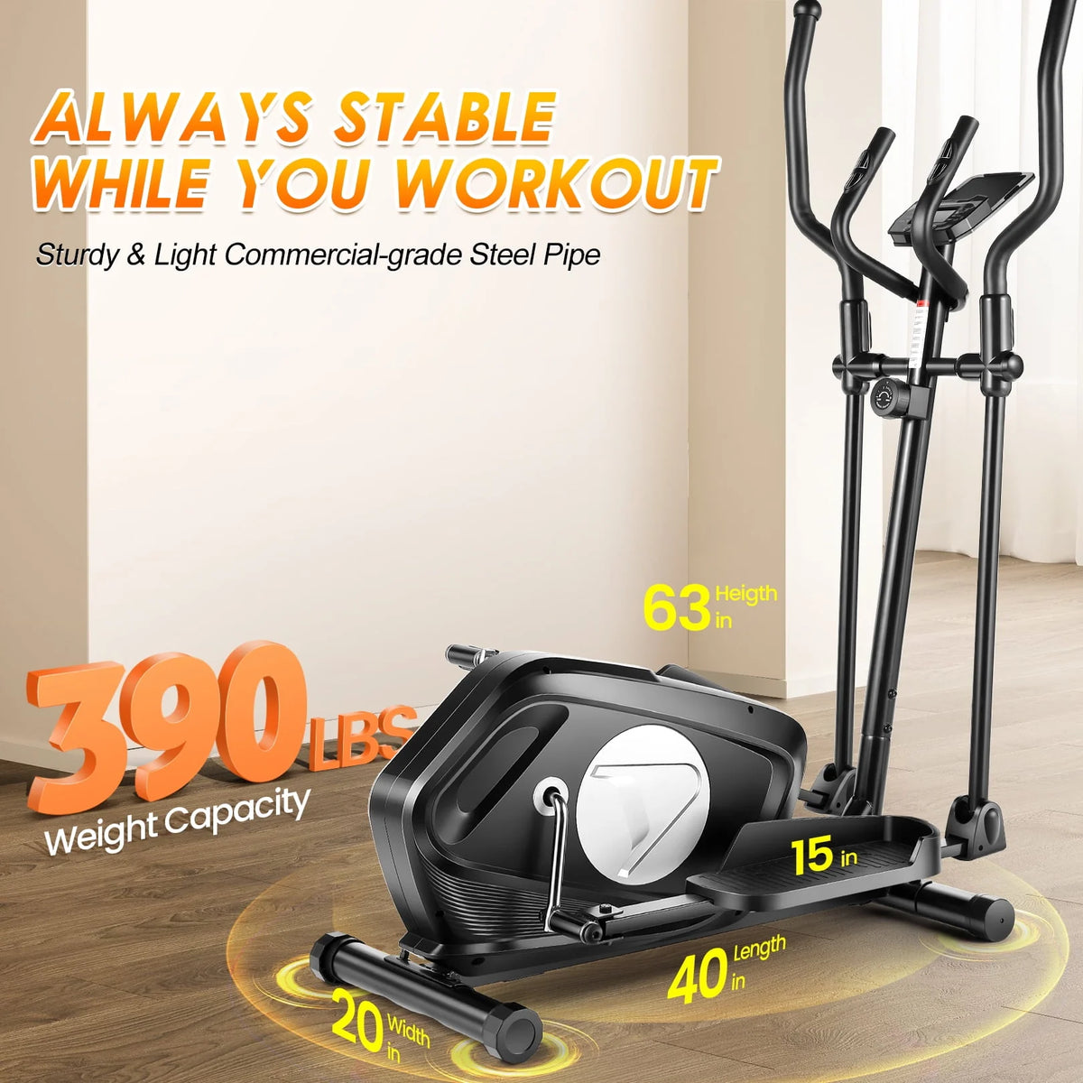 Elliptical Machine with Heart Rate Sensor LCD Monitor 15inch Stride Length Black Y2827