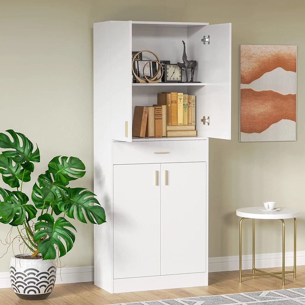 White 70" Freestanding Storage Cabinet with Doors and Adjustable Shelves N665