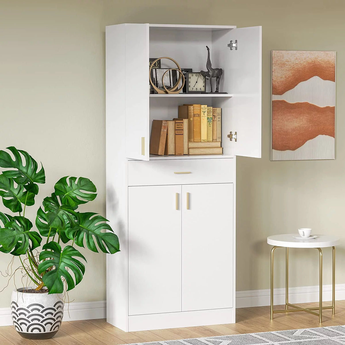 White 70" Freestanding Storage Cabinet with Doors and Adjustable Shelves N665