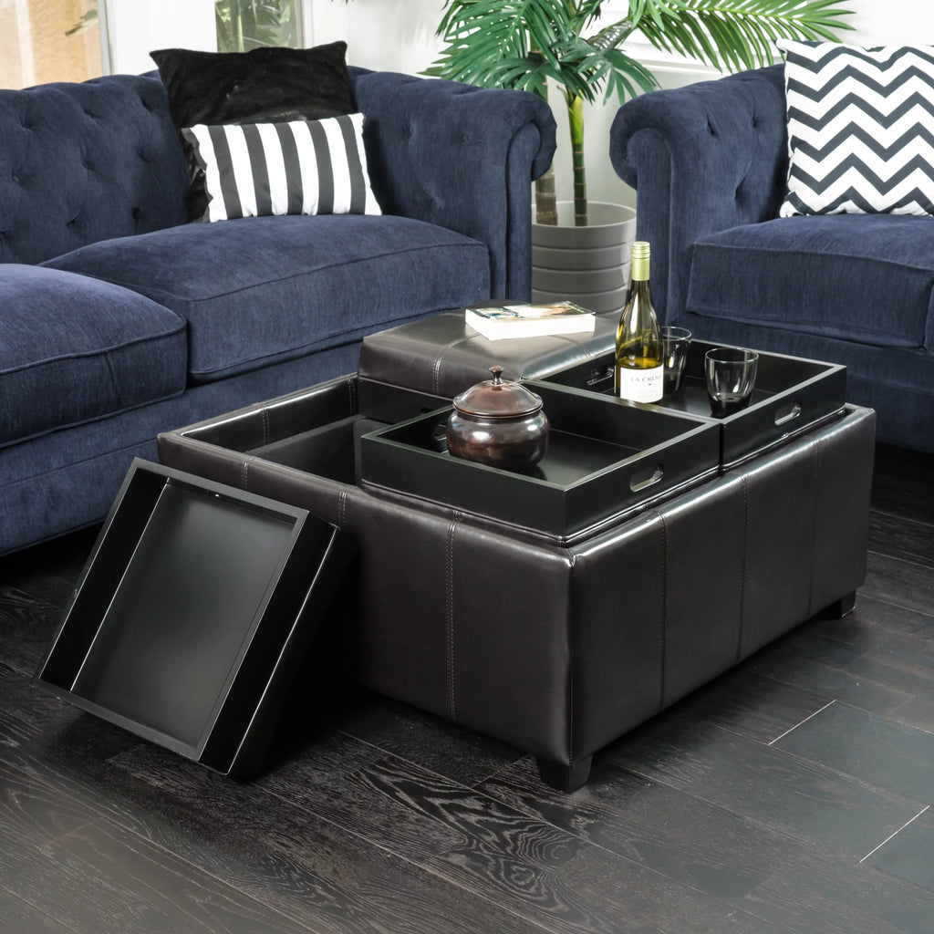 Brown Bonded Leather 4-Tray Storage Ottoman D17661