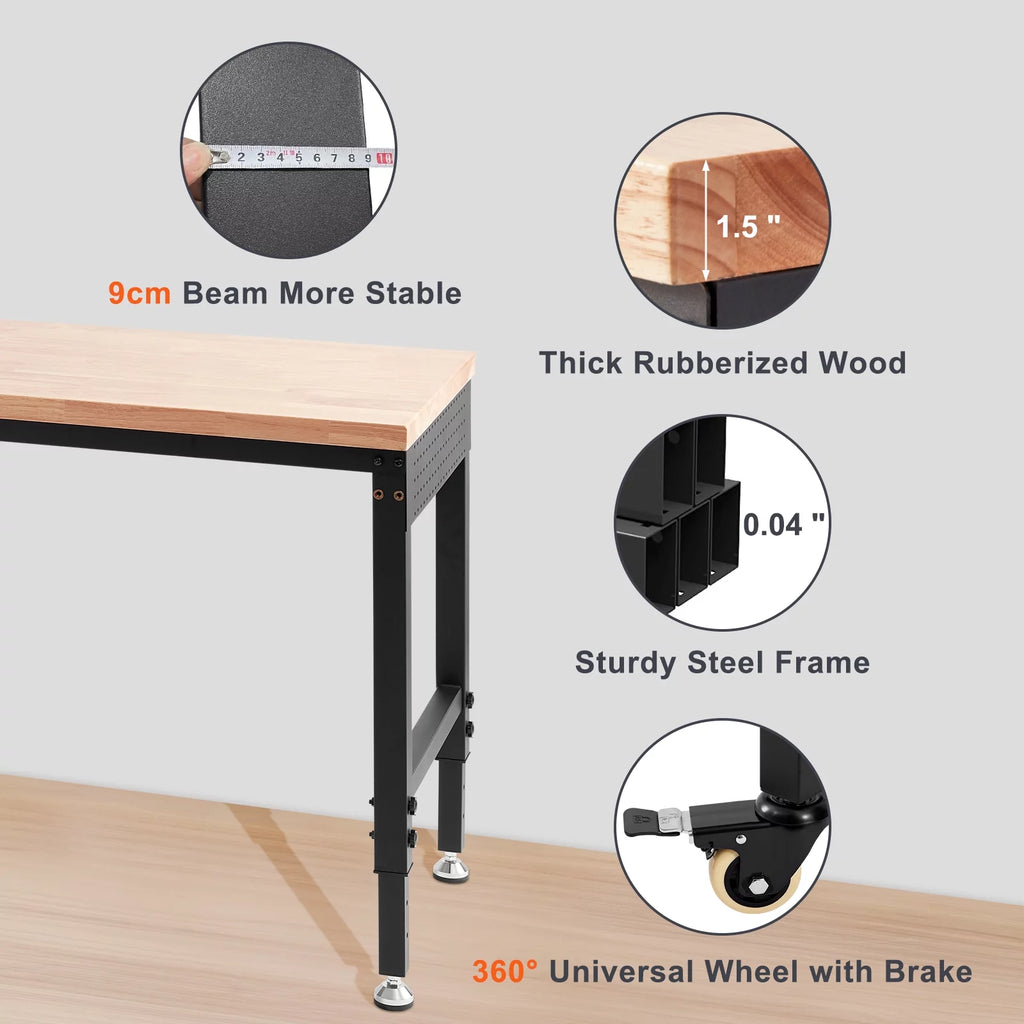 Adjustable 72" L X 25" W Workbench with Universal Wheels, 3000 LBS Load Capacity D45682