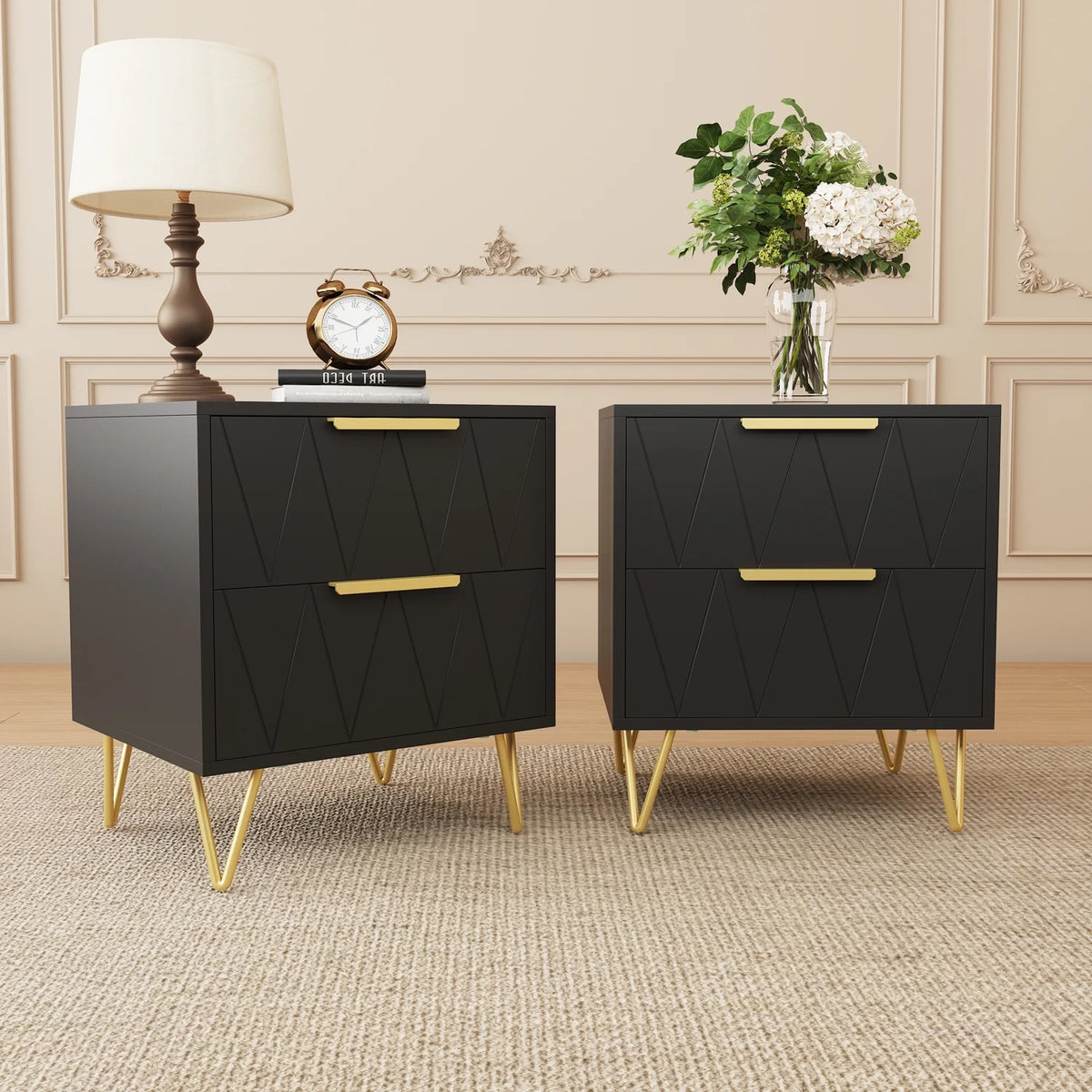 Black 2 Drawer Nightstand Bedside Table with Storage O7871