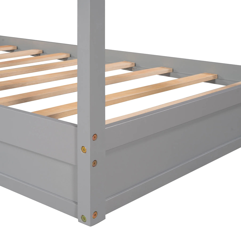 Wood L-Shape Twin Bed Frame with Roof and Fence Railings N73889