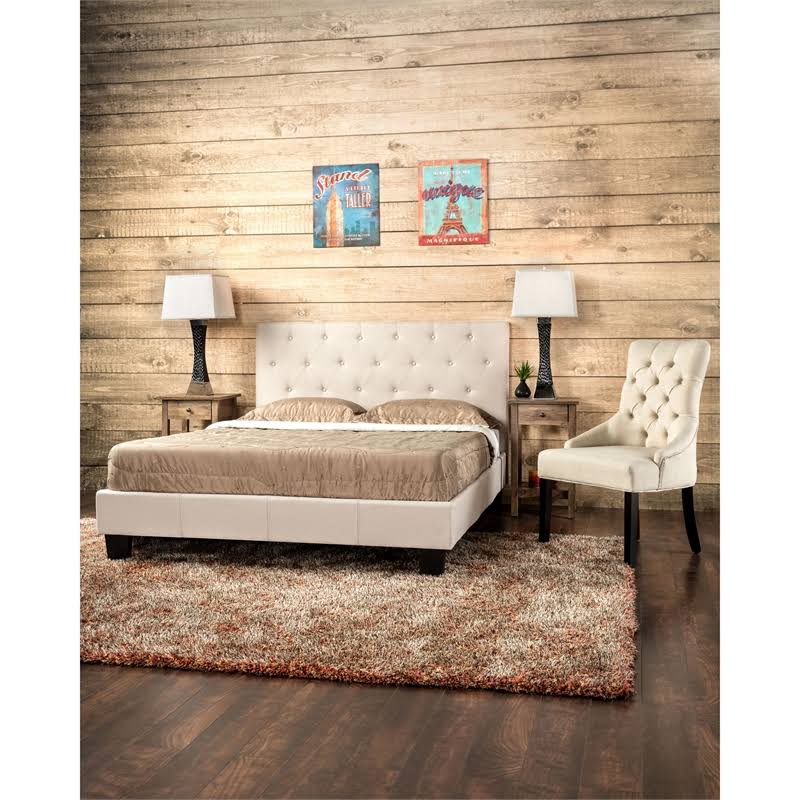 Ivory Fabric King Tufted Platform Bed O4153