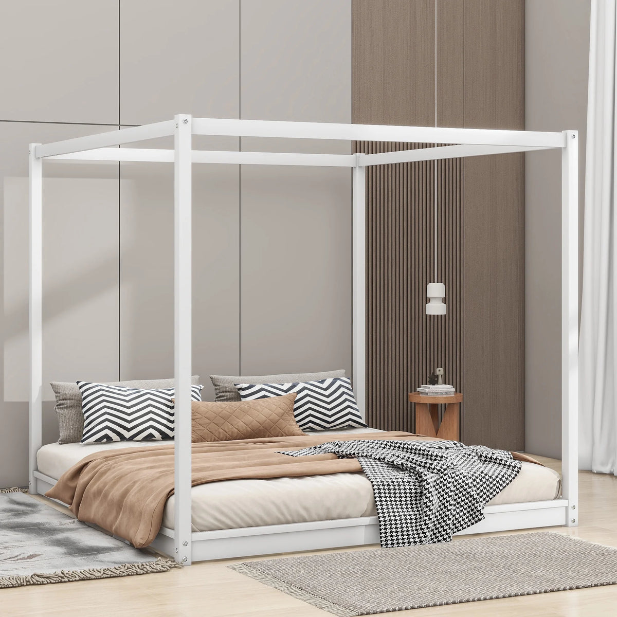 White Pine Wood Queen Size Canopy Platform Bed Q112187