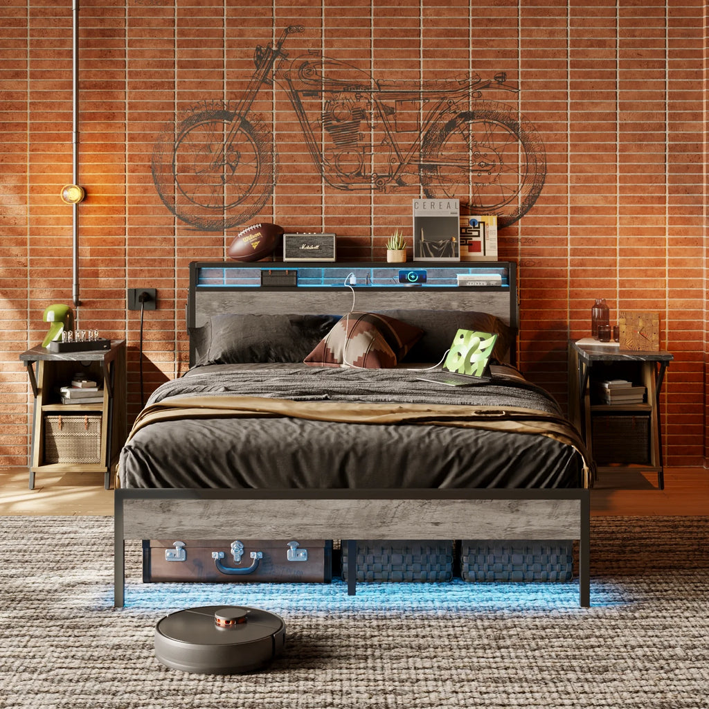Queen Size Platform Bed with Storage Headboard and Charging Station, Grey C98252