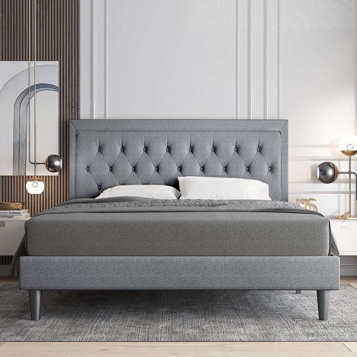 Queen Size Upholstered Platform Bed with Adjustable Headboard I225123