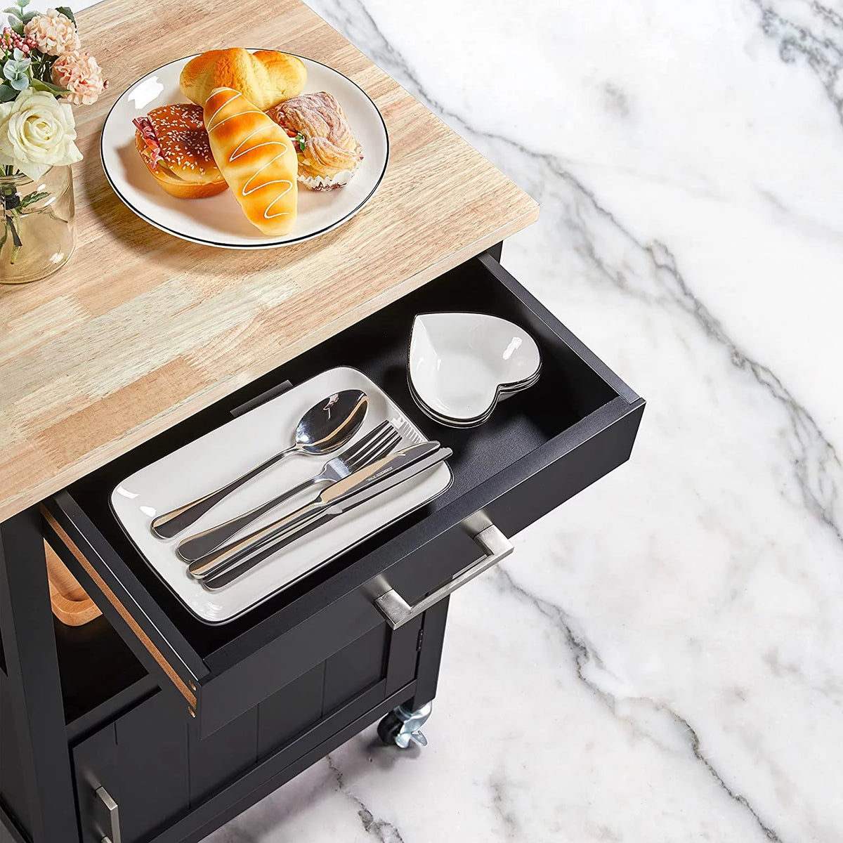 Black Kitchen Island on Wheels with Wood Top and Drawer K546