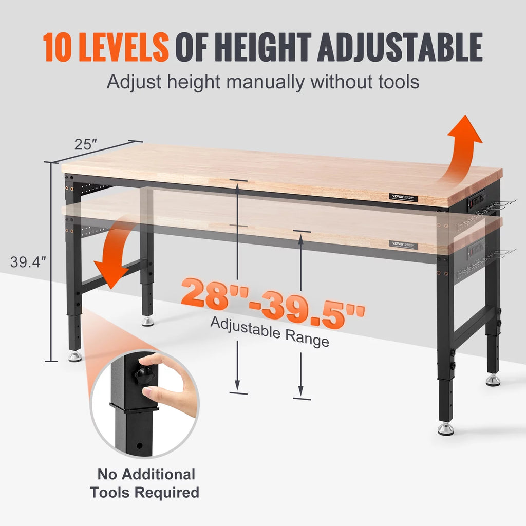 Adjustable 72" L X 25" W Workbench with Universal Wheels, 3000 LBS Load Capacity D45682