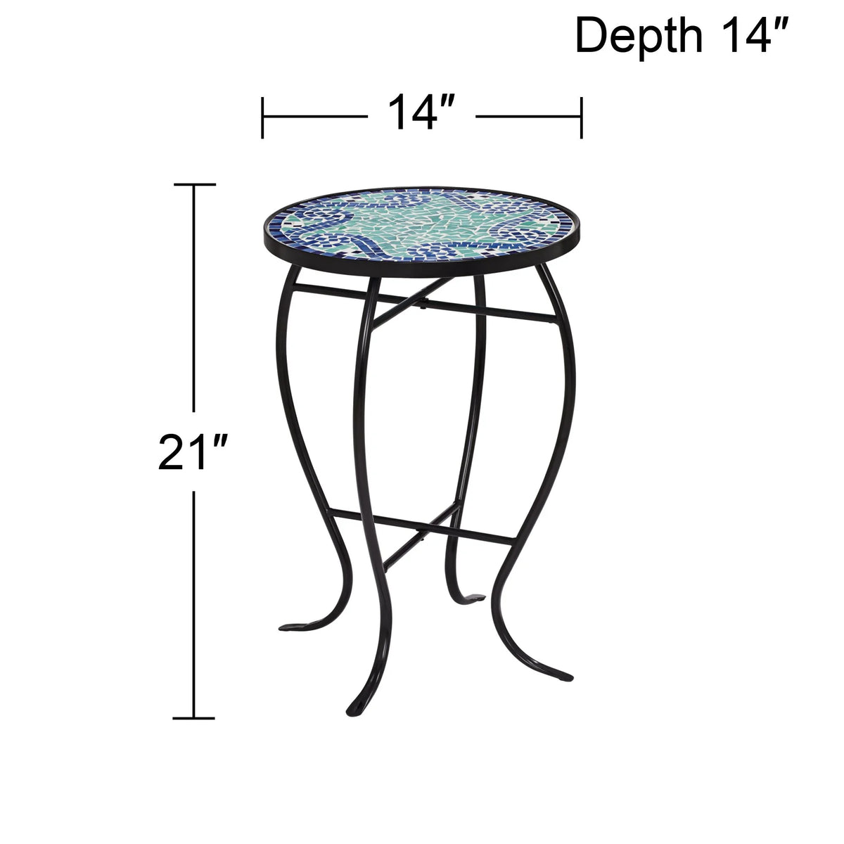 Black Round Outdoor Accent Side Table 14" Wide Light Green Mosaic Tabletop C510