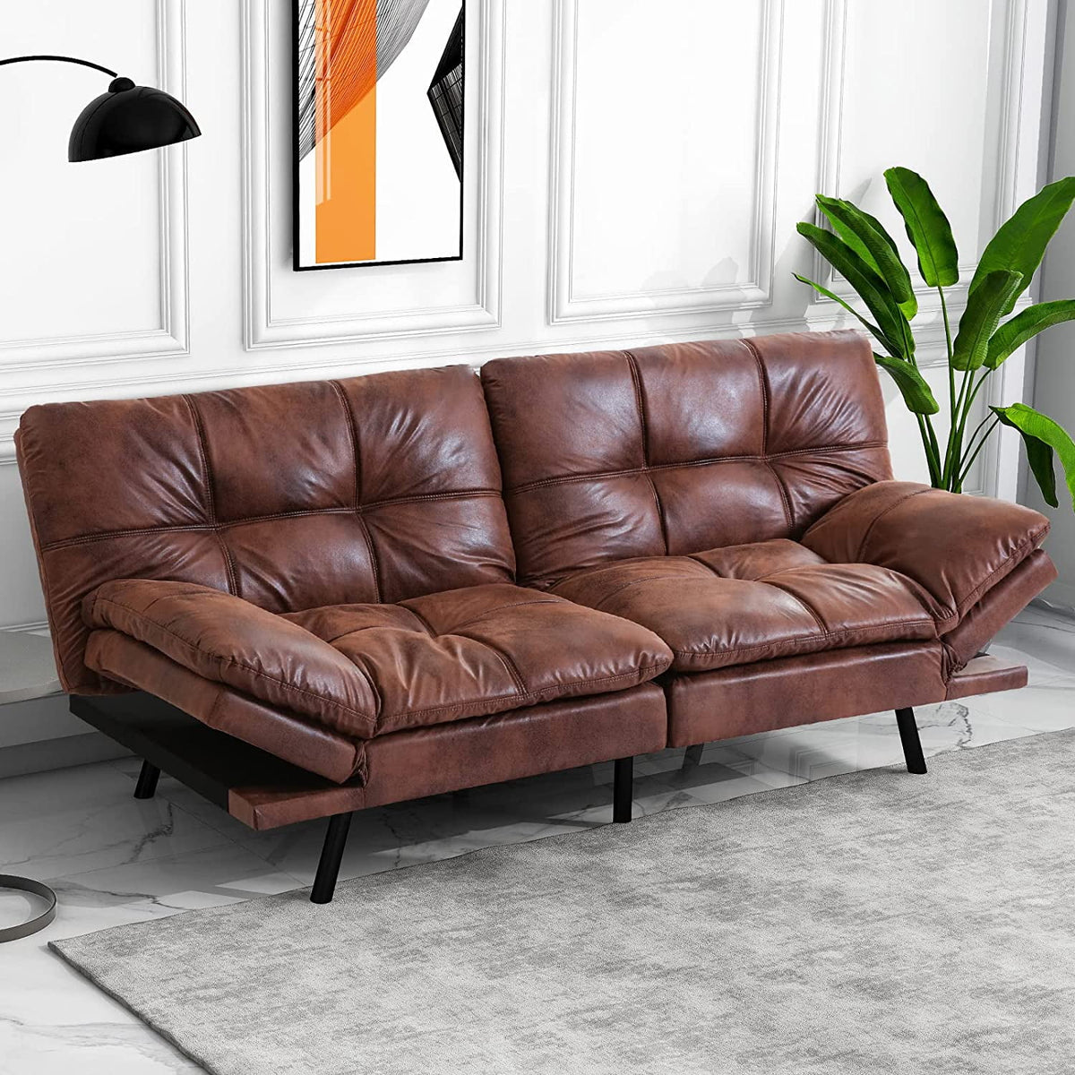Leather Convertible Memory Foam Futon Sofa Bed with Mattress D155